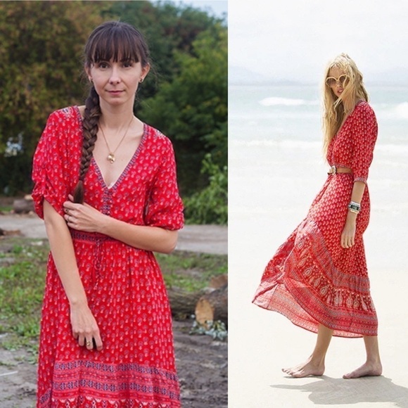 Spell Dress Gypsiana Hi-Low Maxi Tassels Floral Asymmetric Red Bandana S FLAW - Picture 13 of 15